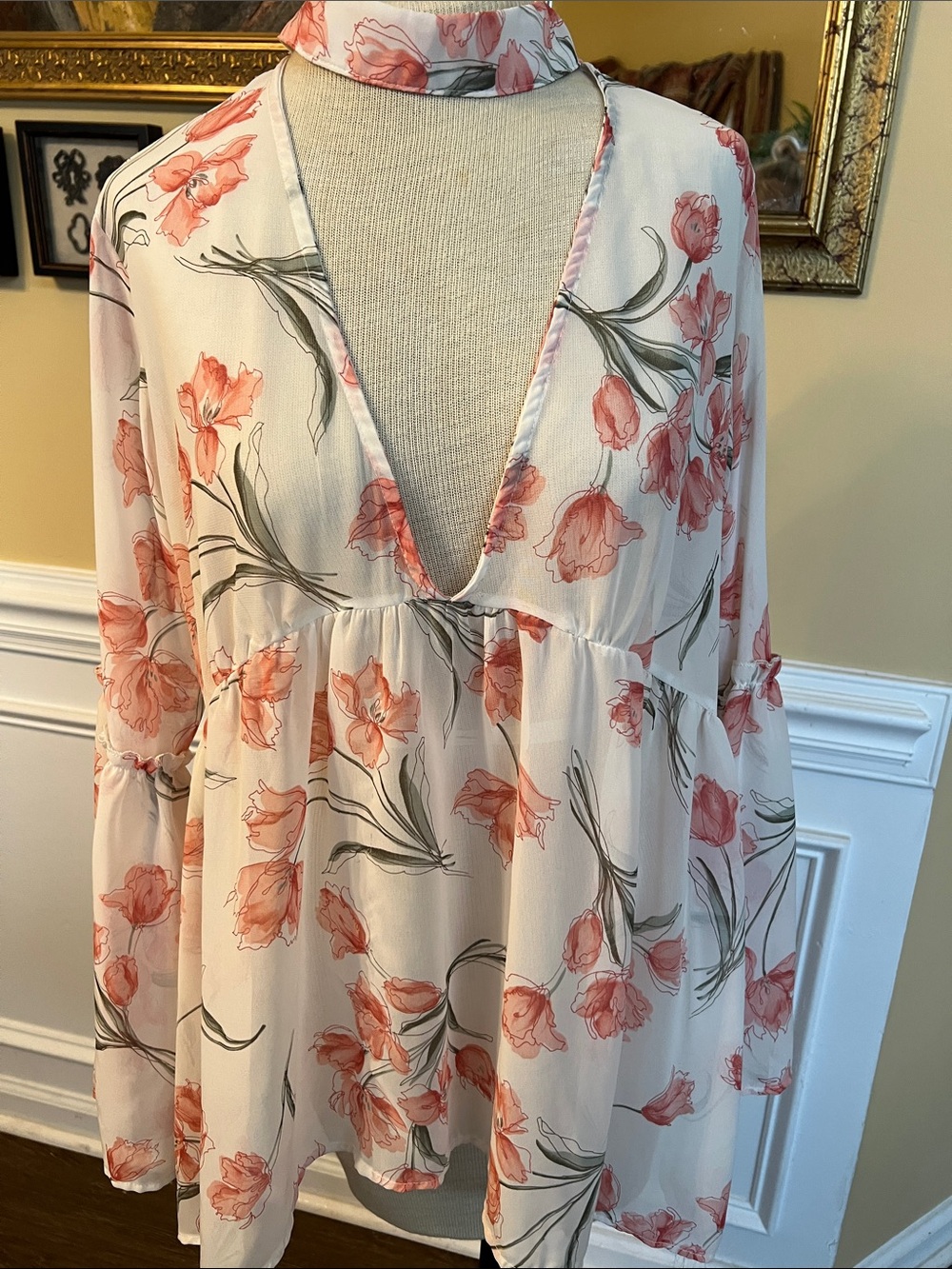 Floral Chiffon Deep V Babydoll Tunic - Pink Floral